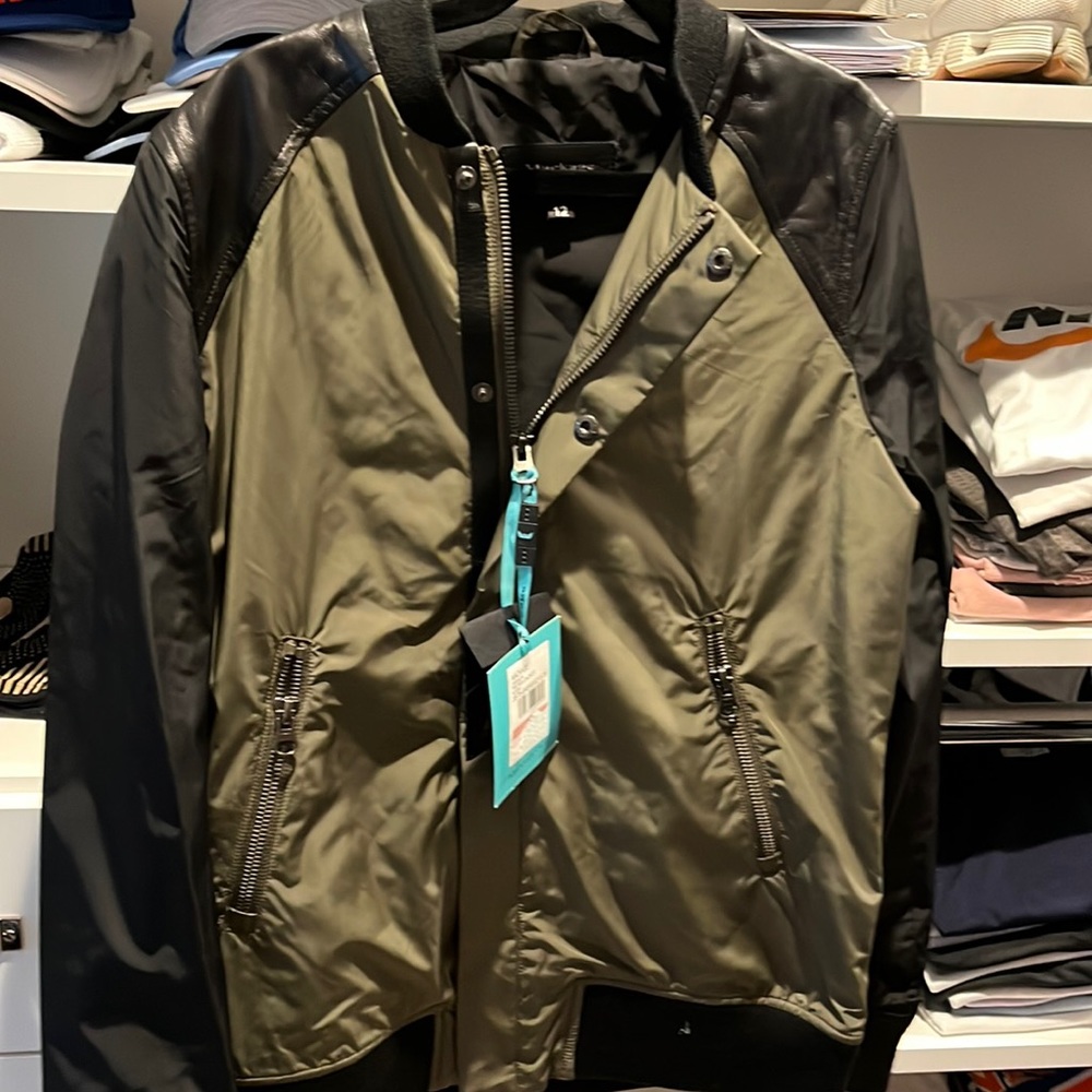 Mackage mini boys black and olive lightweight bomber size 12 with leather